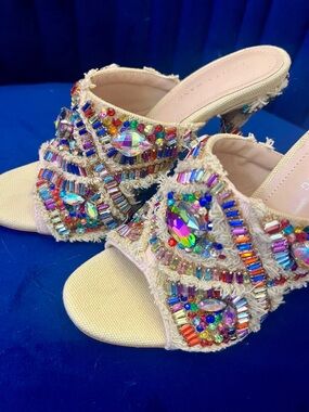 Azalea Wang - Beige Jeweled Slide Heels - Women's Embellished Sandals